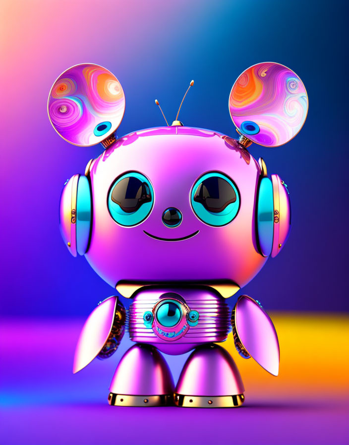 Colorful Illustration of Happy Robot with Headphones and Patterned Ears