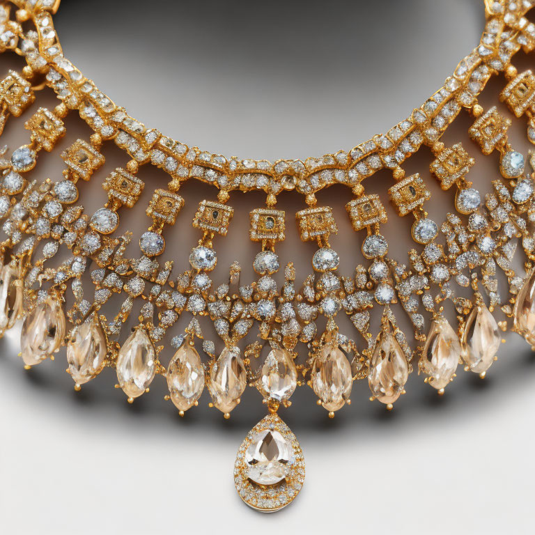 Luxurious Gold Necklace with Diamonds and Teardrop Gemstones