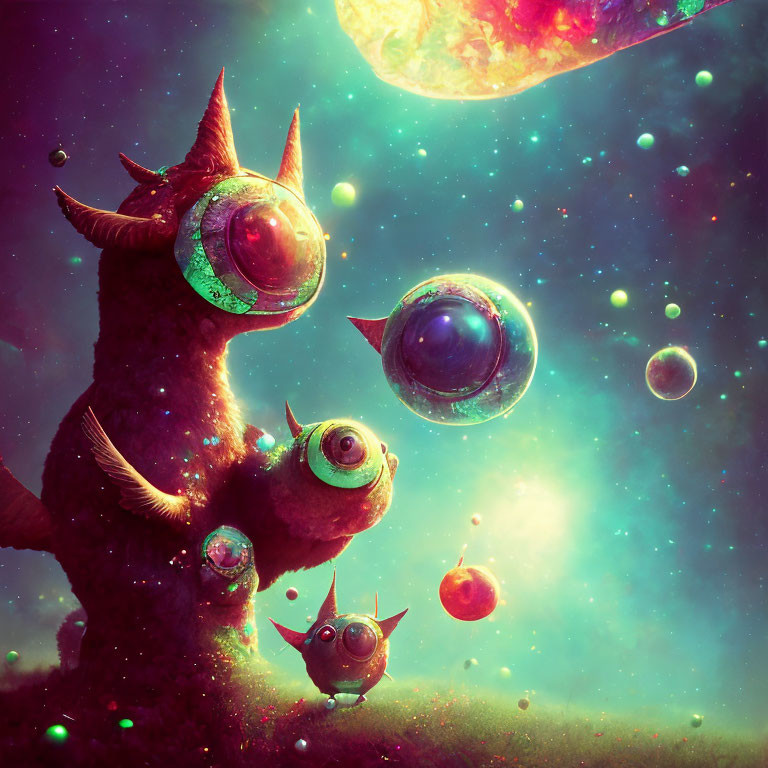 Colorful cosmic scene with whimsical creatures and orbs in starry space.