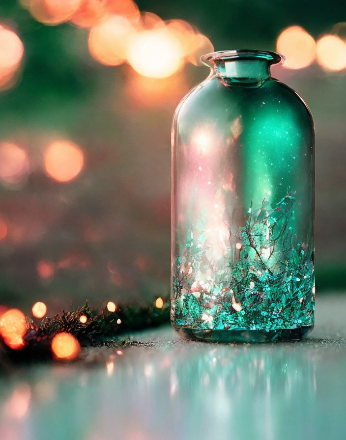 Glass jar with twinkling lights and glitter on soft bokeh backdrop