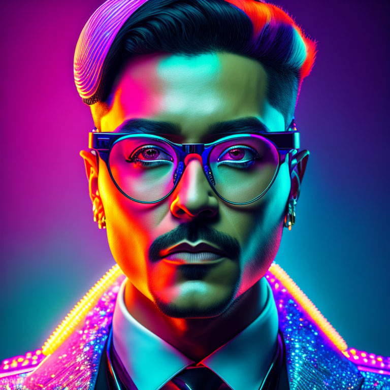 Portrait of a man with pompadour hairstyle, glasses, mustache, and beard on neon-l