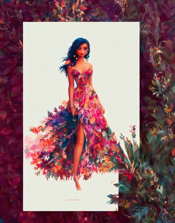 Illustration: Woman with Long Blue Hair in Floral Dress Amid Colorful Leaves