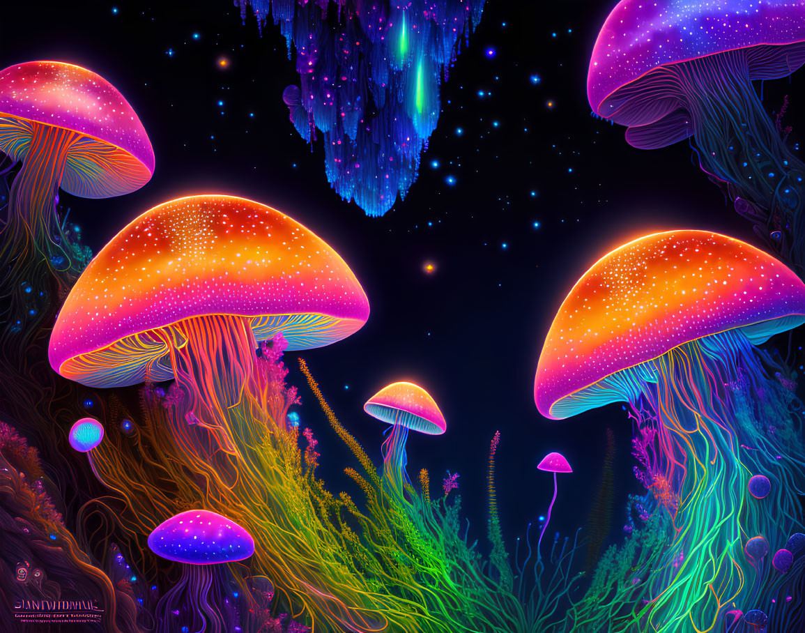 Colorful Neon Mushrooms in Starry Night Sky with Glowing Vegetation