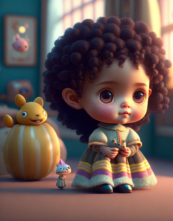 Child with big eyes and curly hair holding a toy in warm room scene