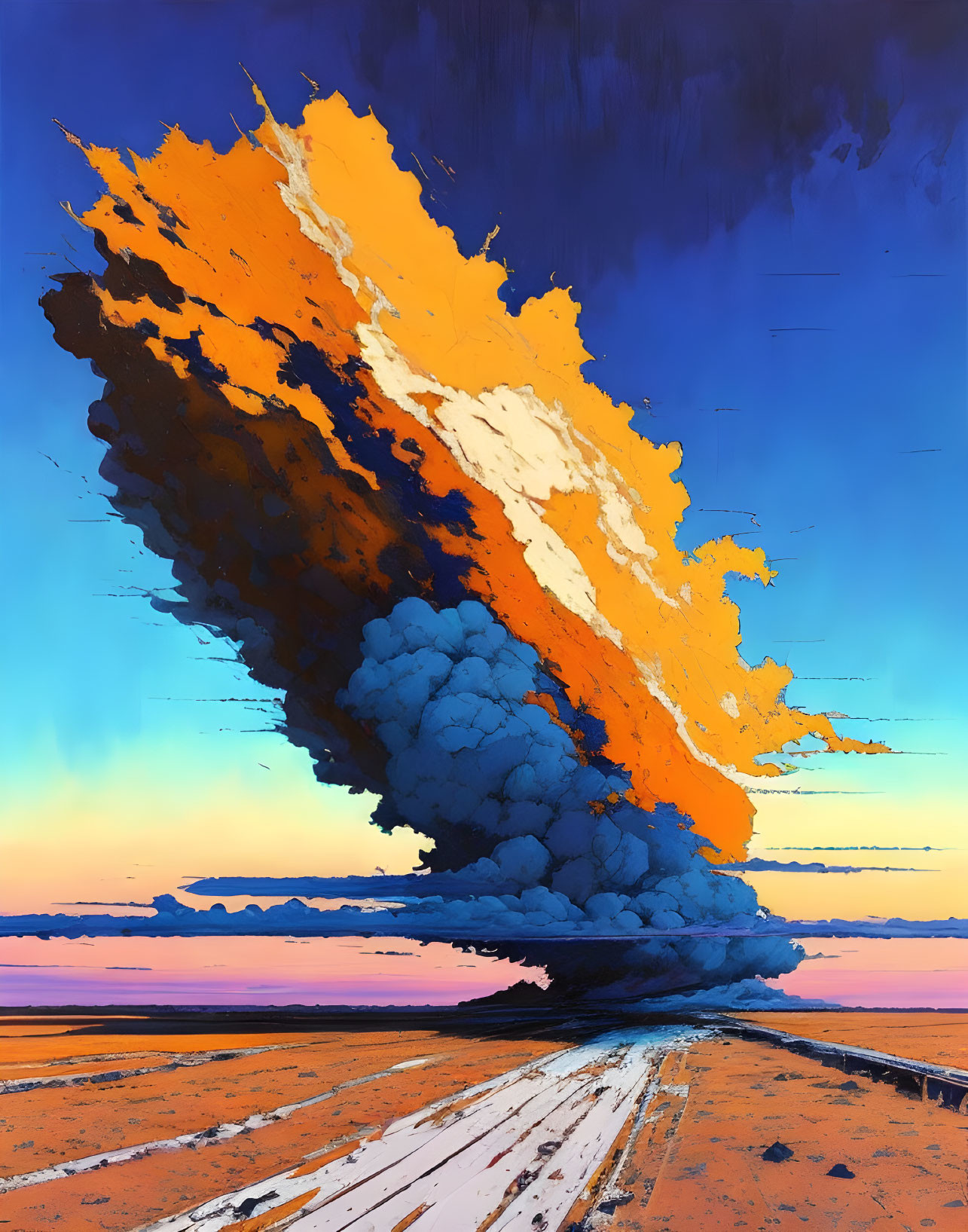 Large fiery explosion with billowing smoke against abstract landscape