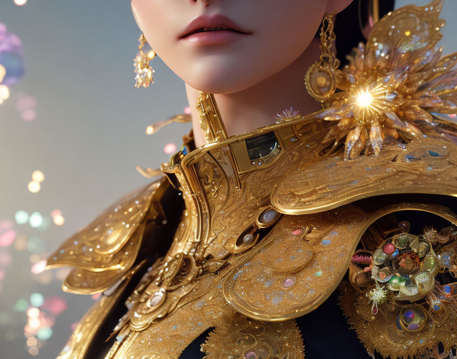 Close-up Portrait of Person in Intricate Golden Jewelry and Gemstone-Adorned Attire