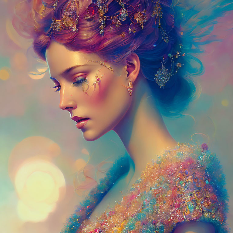 Colorful Woman Portrait with Ornate Hair Accessories and Glittering Shoulder Adornment