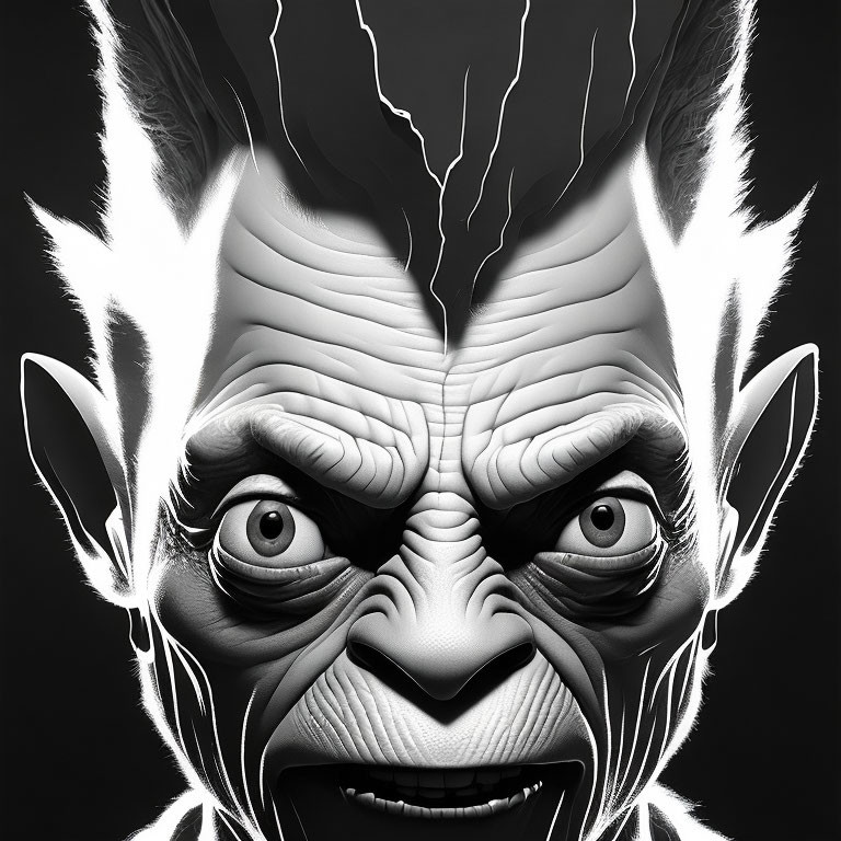 Monochrome digital artwork: Stylized creature with sharp features and lightning patterns