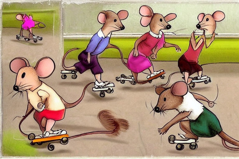 Anthropomorphic mice in colorful outfits skating, exercising, and socializing