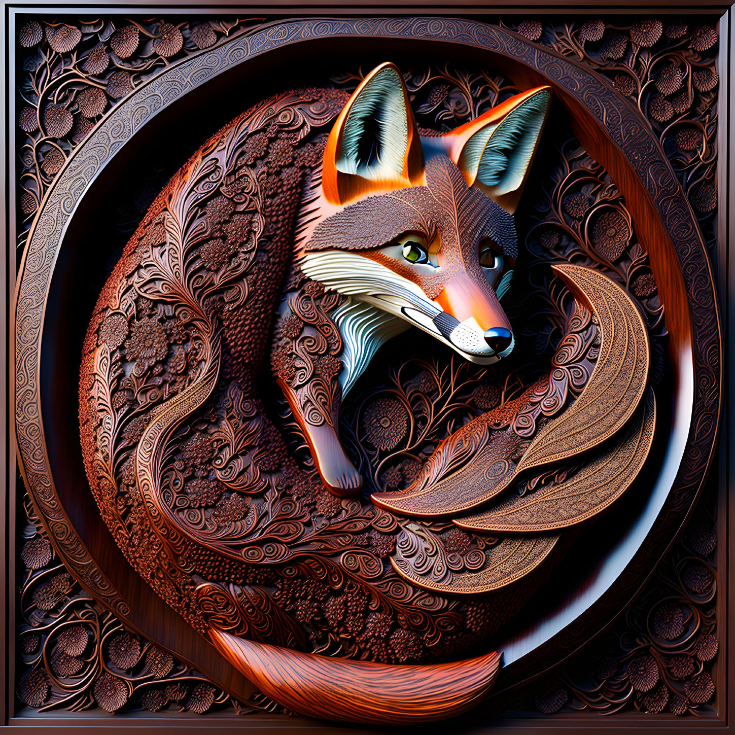 Detailed 3D fox illustration with warm tones and floral motif border