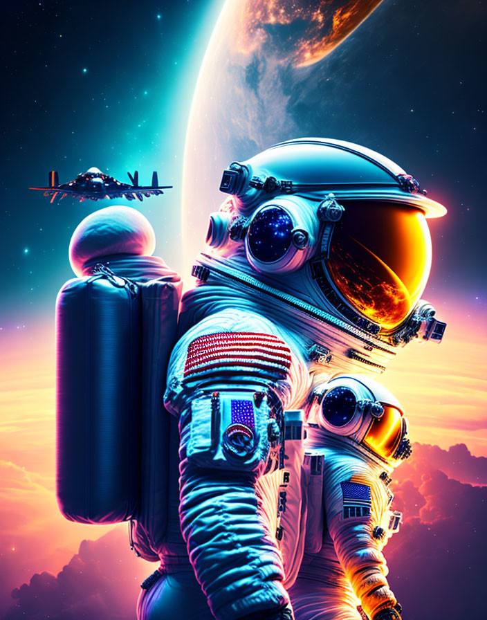 Astronaut with reflective visor in cosmic backdrop with nebulas, planet, and spacecraft