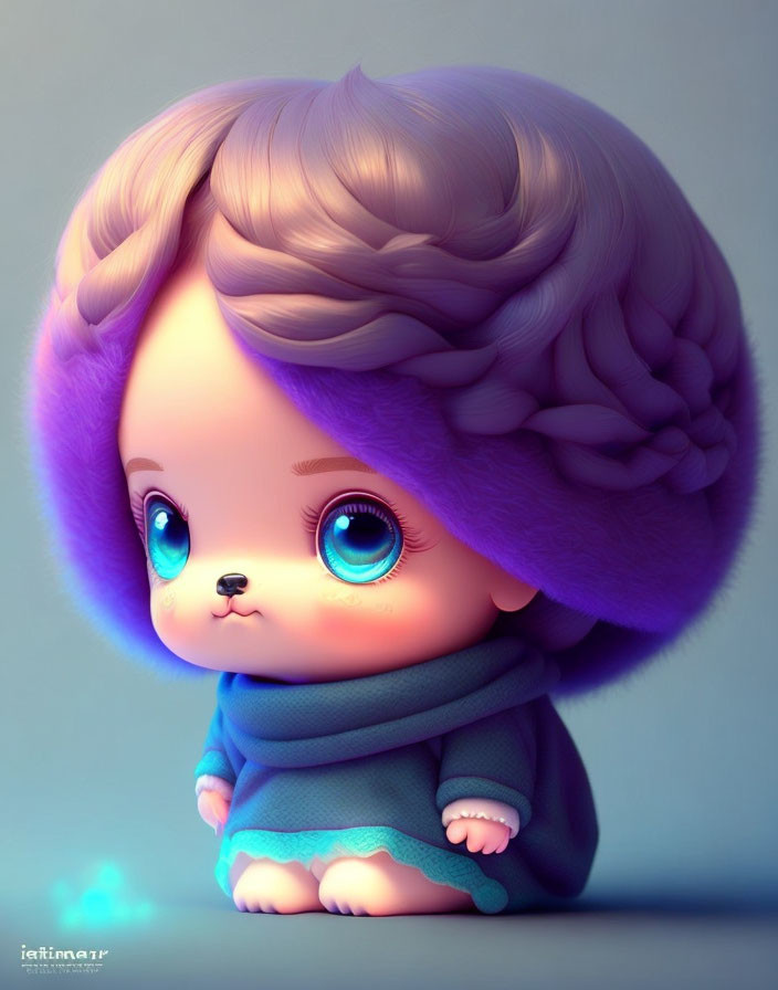 Stylized character with oversized eyes, purple hair, and blue scarf