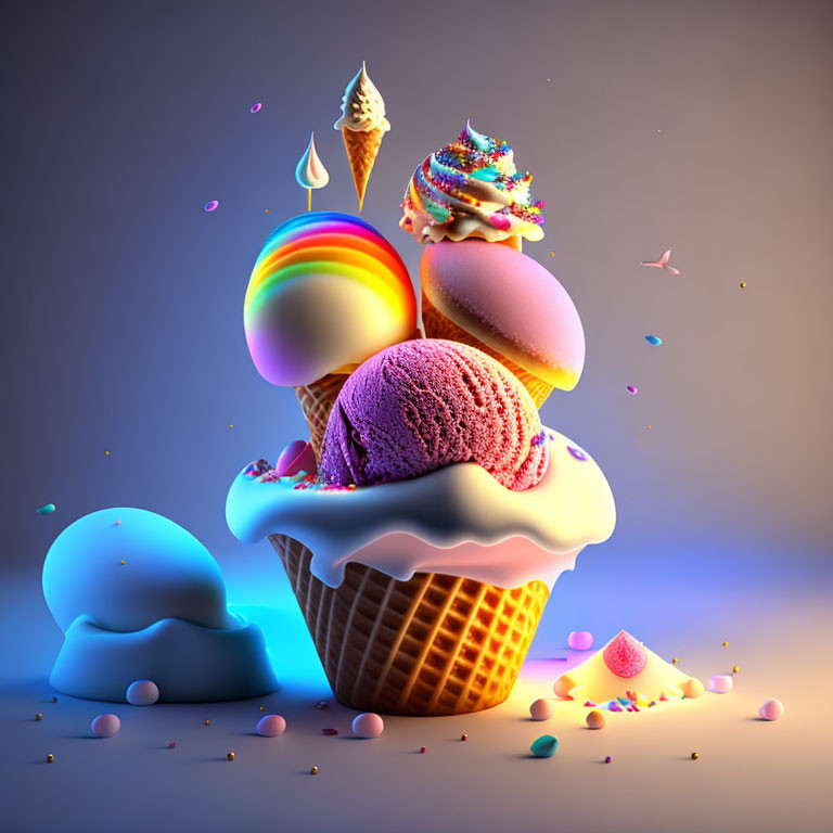 Vibrant ice cream scoop composition on gradient background