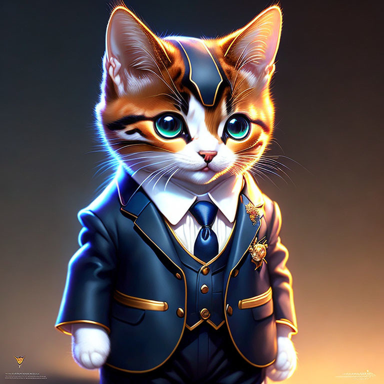 Anthropomorphic kitten in fancy suit with medal: confident and dignified display