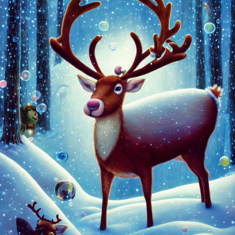 Illustration of reindeer with glowing antlers in snowy landscape