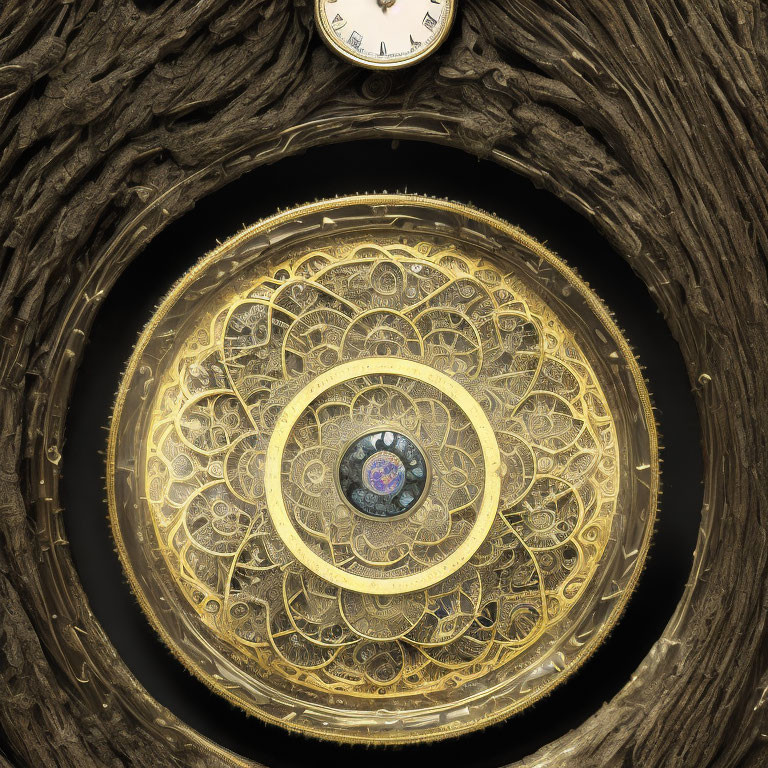 Circular golden ceiling with clock and blue globe in dark wooden frame