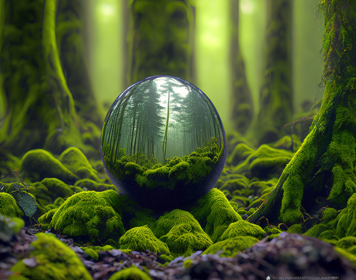 Reflective Sphere on Mossy Forest Ground with Trees and Mist