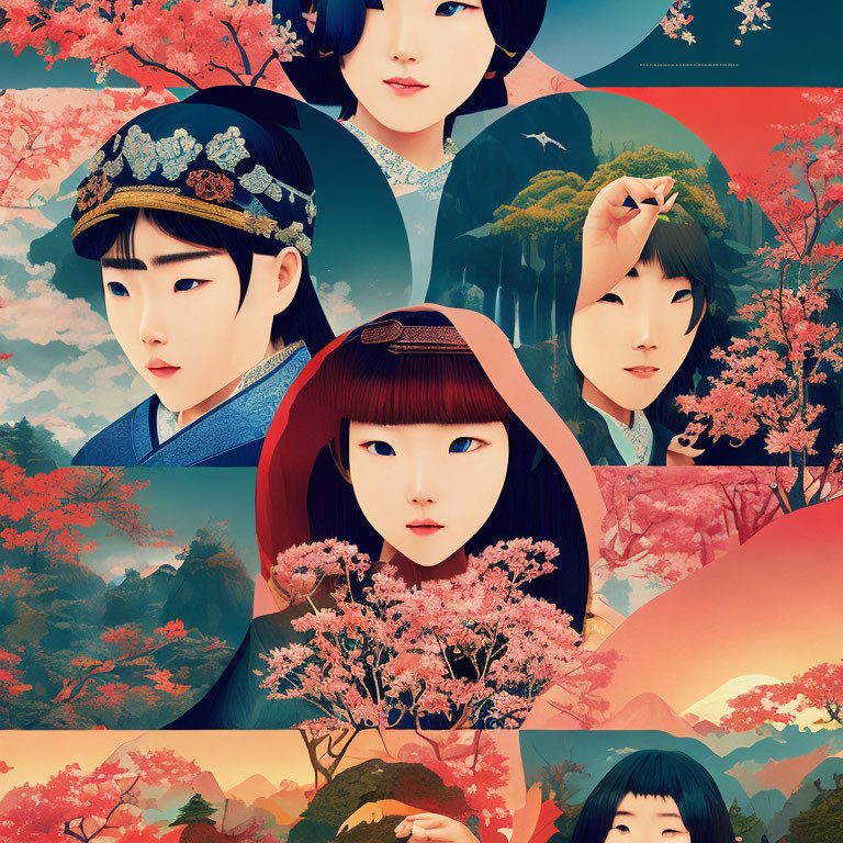 Traditional Korean attire illustration with cherry blossoms in pink, reds, and oranges