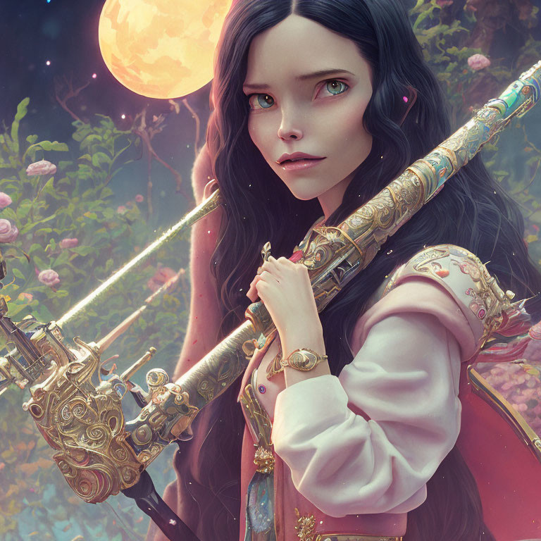 Dark-haired woman with green eyes holding ornate rifle in fantastical moonlit setting.