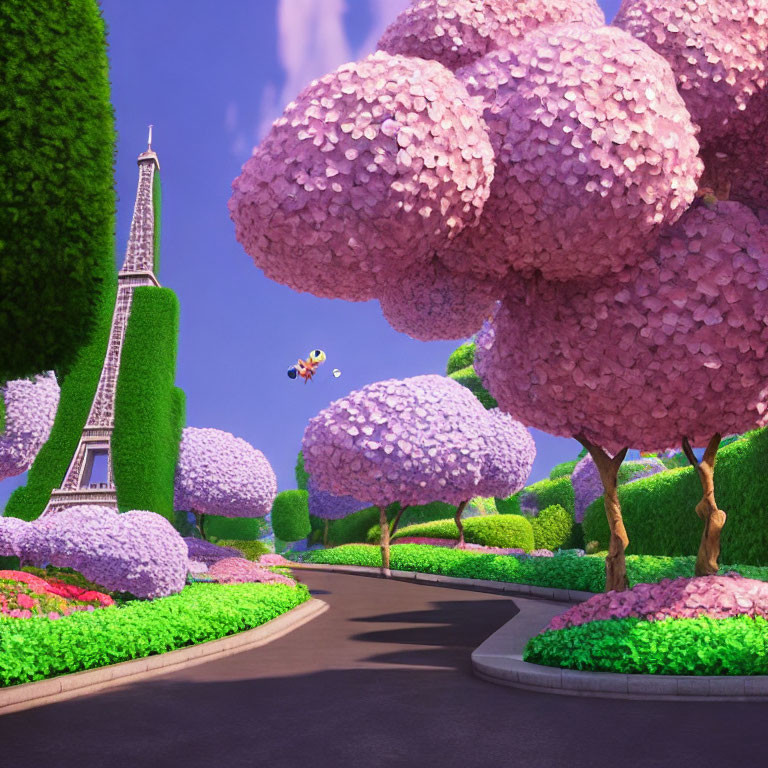 Vibrant Eiffel Tower scene with colorful trees and flying character