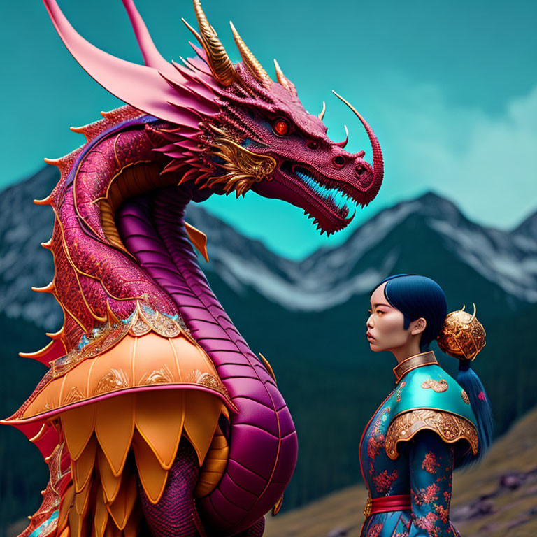 Colorful Dragon with Golden Horns Confronts Woman in Traditional Attire amid Majestic Mountains