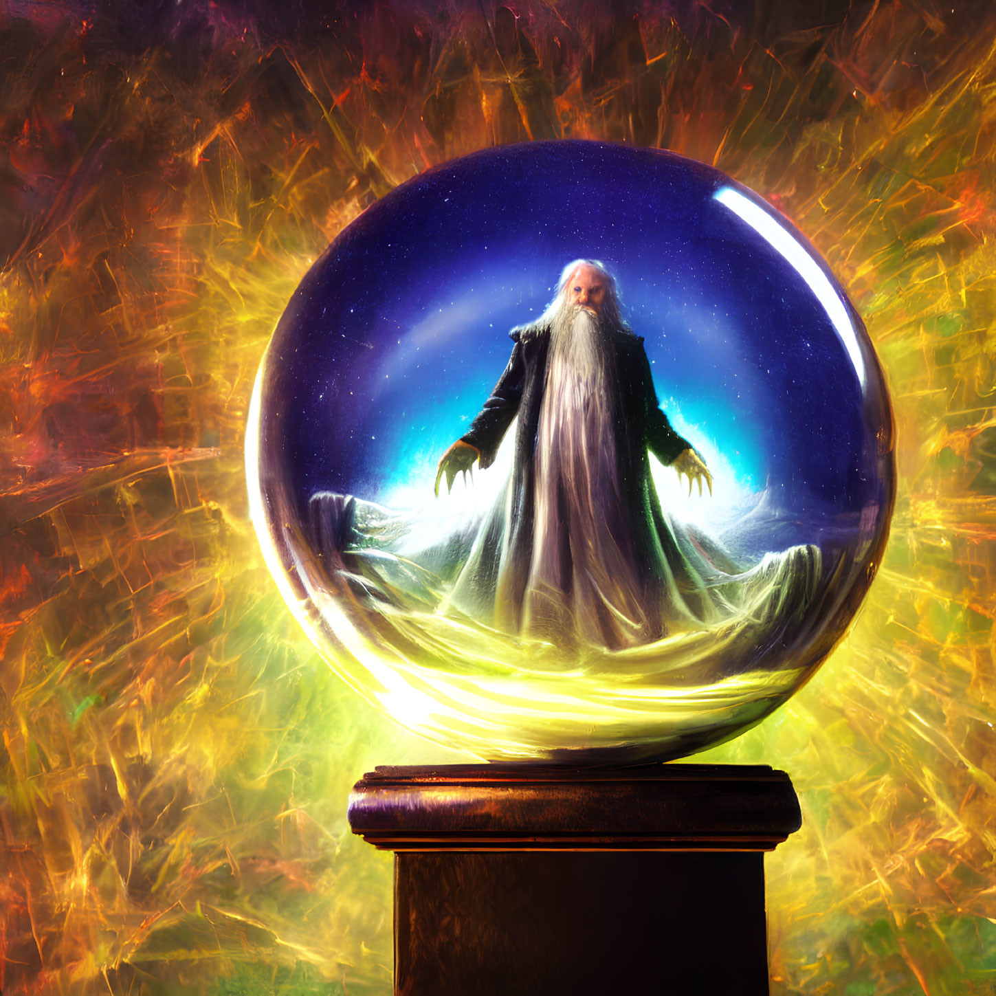 Crystal ball with wizard on wooden stand and mystical aura.