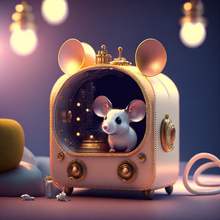 Whimsical vintage radio with cute mouse and golden accents