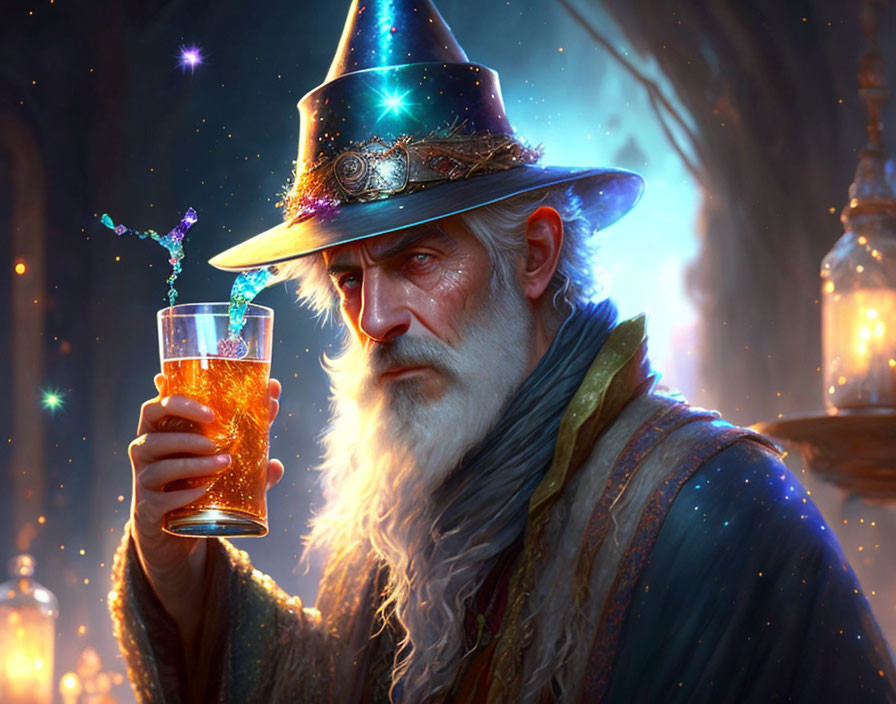 Elderly wizard toasting with magical drink in mystical setting