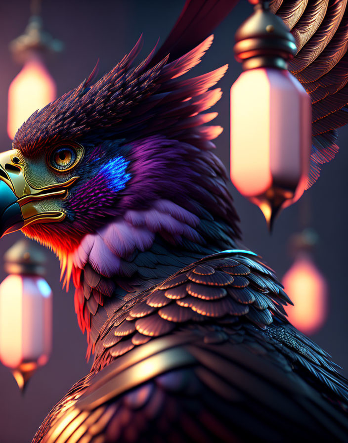 Detailed Image: Majestic Eagle with Blue and Purple Feathers, Golden Beak, and Glowing