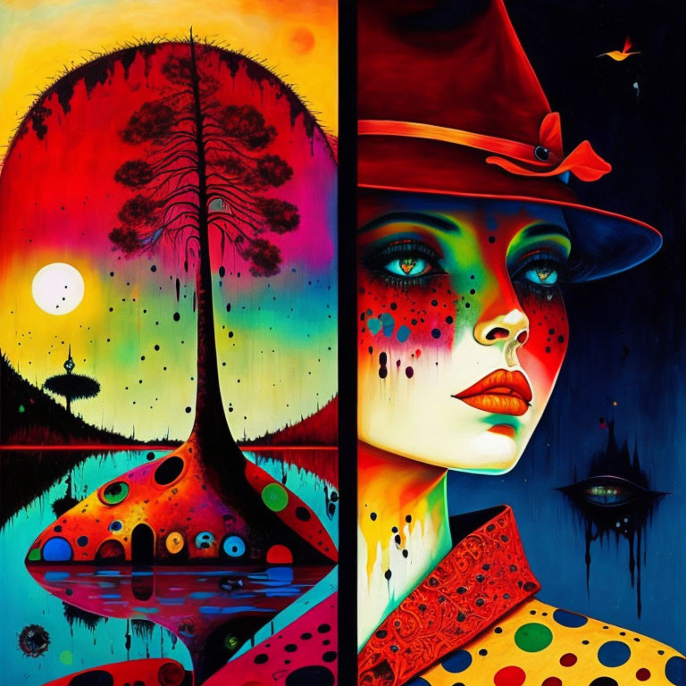 Colorful Abstract Tree Landscape Next to Stylized Woman with Red Hat