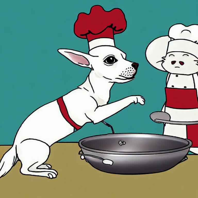 Cartoon dogs in chef attire with frying pan on teal background