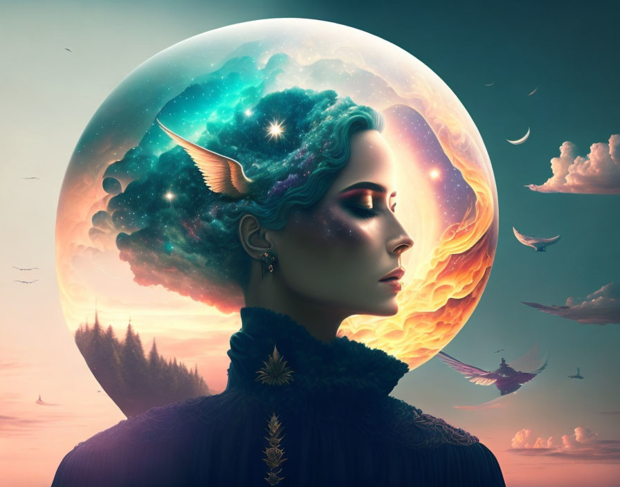 Surreal portrait of a woman blending into cosmic scene