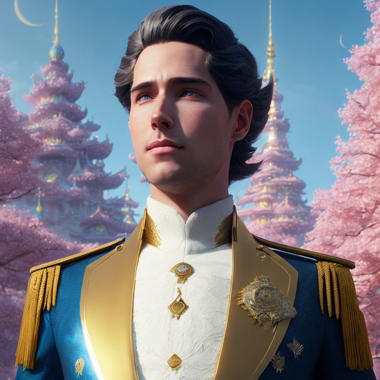 Stylized 3D rendering of young man in regal uniform with cherry blossoms background