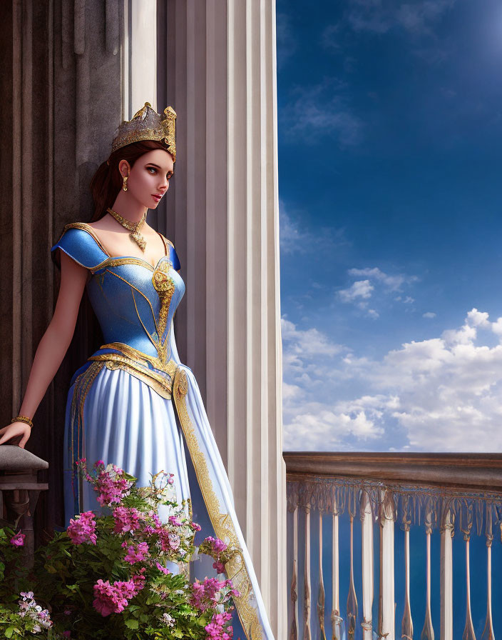 Regal woman in blue and gold medieval dress with crown in classical architecture setting