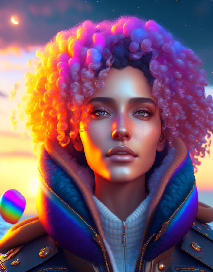 Vibrant multicolored curly hair on person with green eyes in blue and yellow jacket against sunset