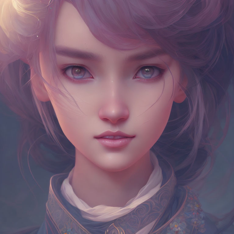 Detailed digital illustration: young woman with violet eyes, wavy purple hair, ornate attire