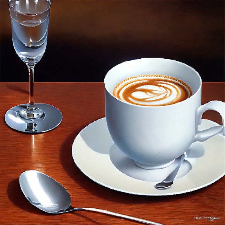 Hyperrealistic Painting of Coffee Cup with Latte Art on Saucer, Spoon, and Water Glass