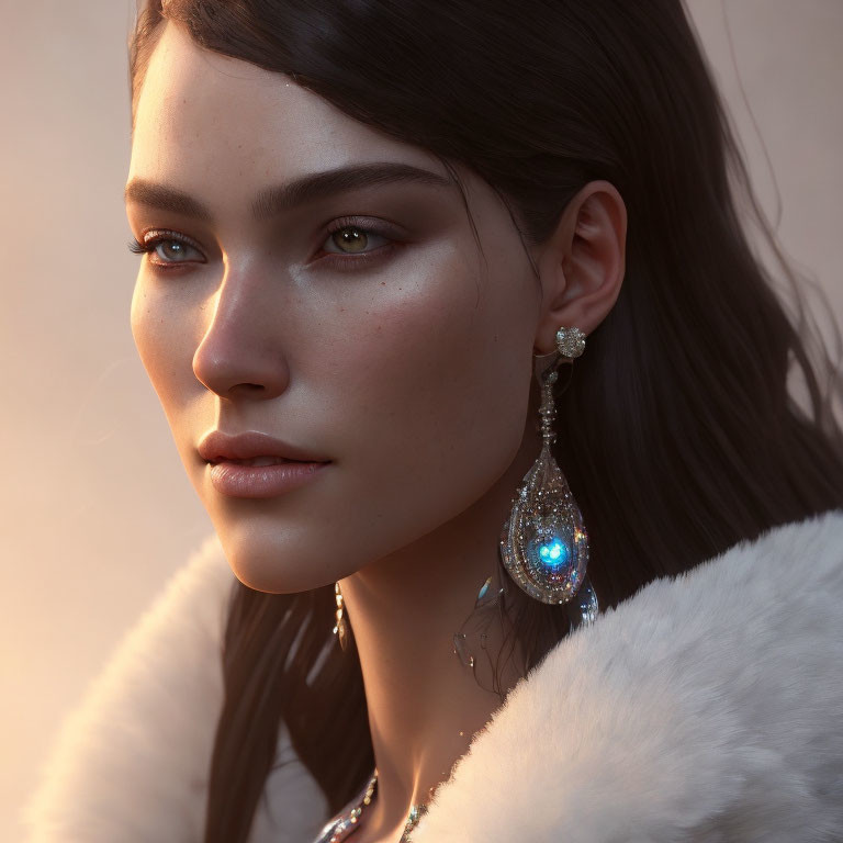 Portrait of woman with clear skin, dark hair, blue eyes, ornate earring & white fur