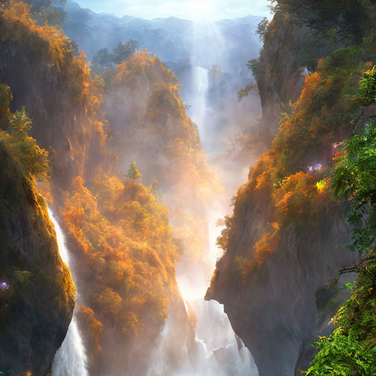 Majestic waterfall in misty mountain gorge with autumn forest.