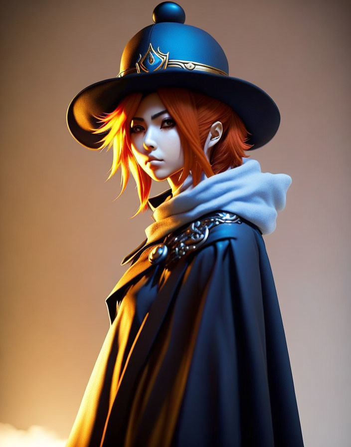 Character with fiery orange hair in large-brimmed hat and cloak.