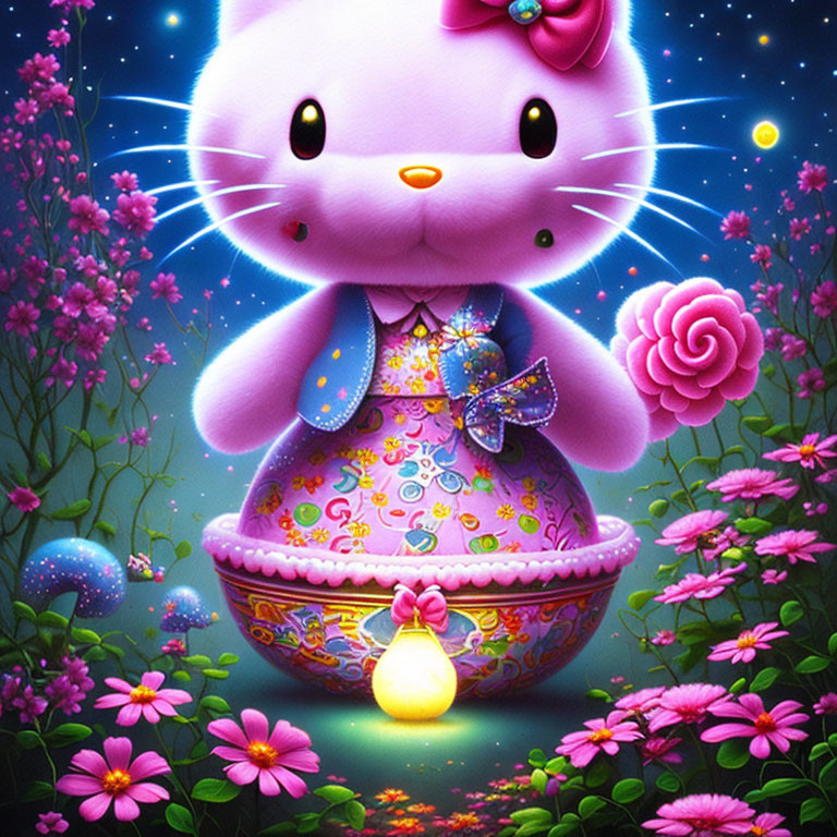 Colorful anthropomorphic cat on patterned egg in magical garden