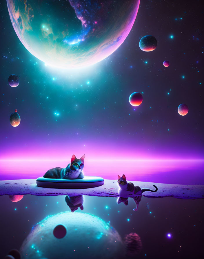 Glowing-eyed cats on reflective surface with cosmic background