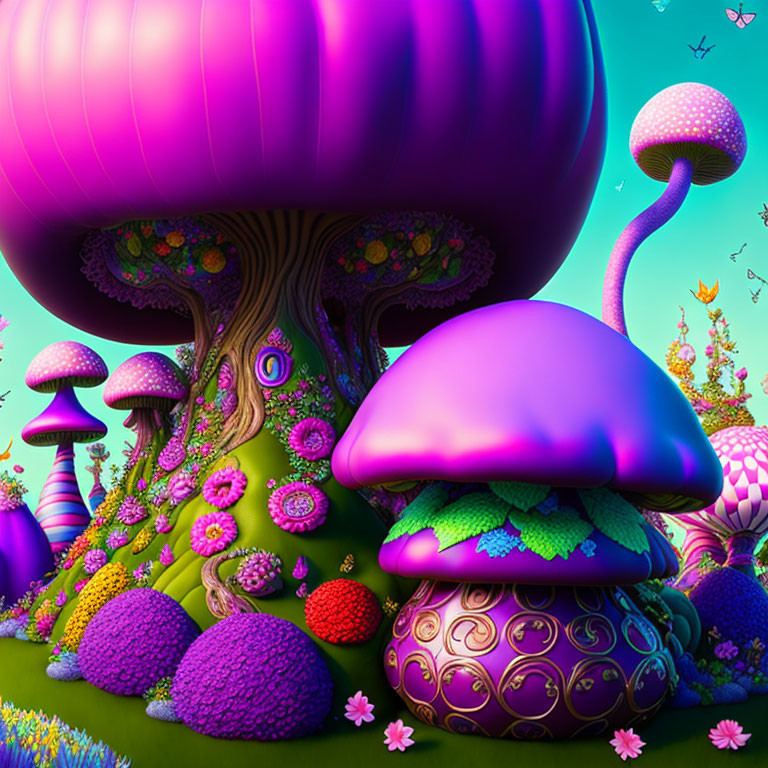 Colorful oversized mushrooms in vibrant fantasy landscape