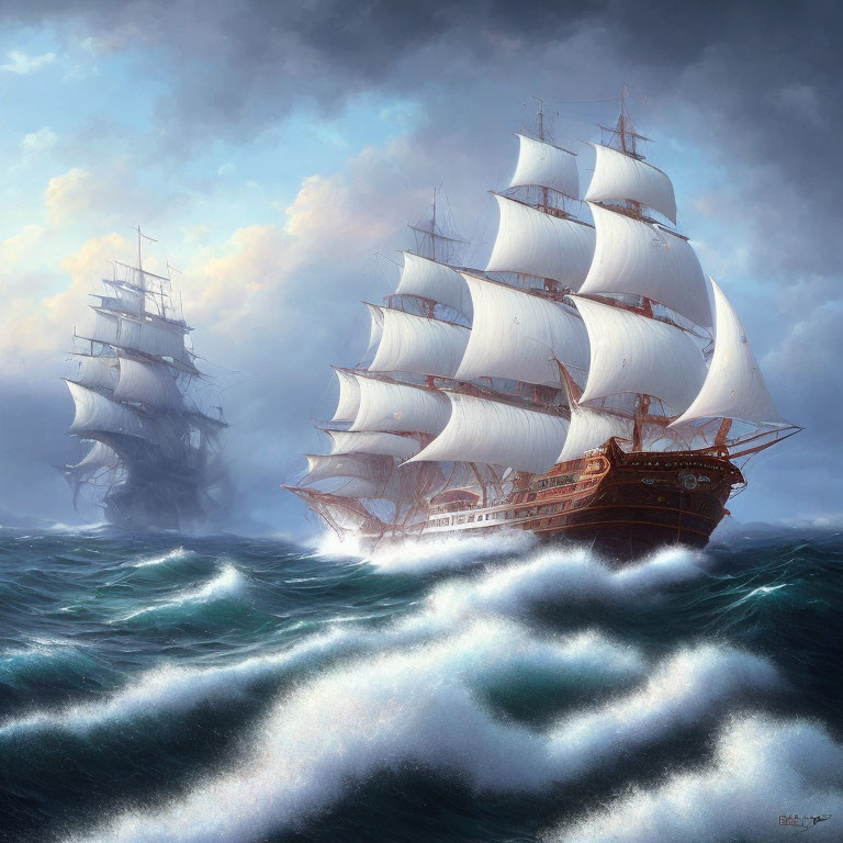 Majestic sailing ships on stormy sea with billowing sails