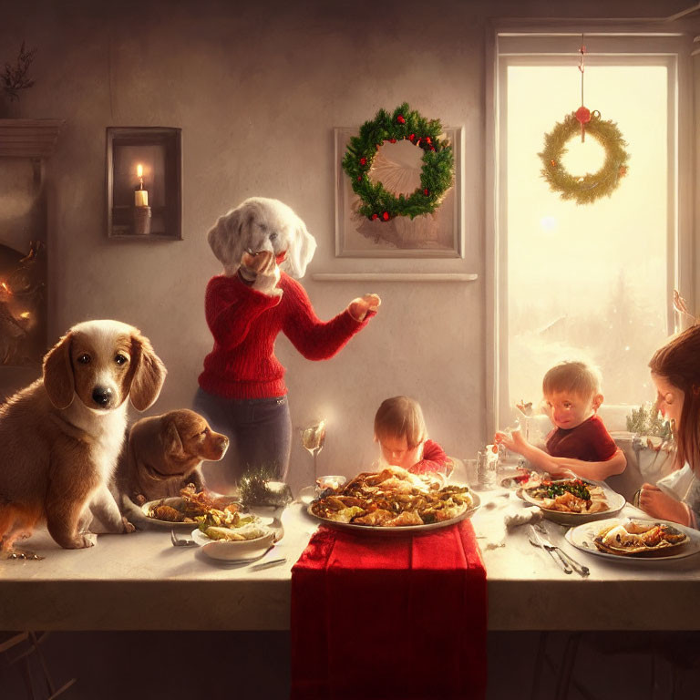 Family Holiday Meal with Woman, Children, and Puppies in Festive Setting