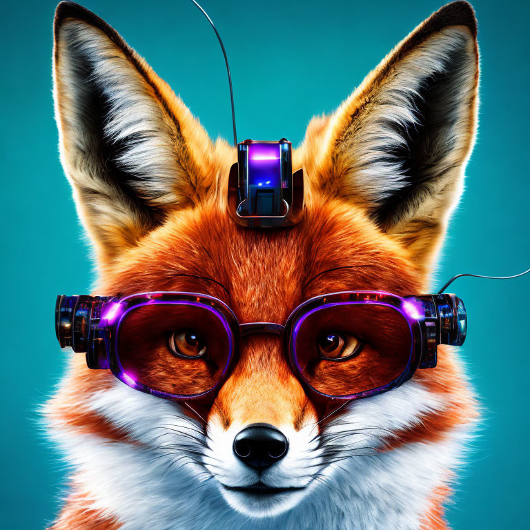 Stylized red fox with purple goggles and headset on blue background