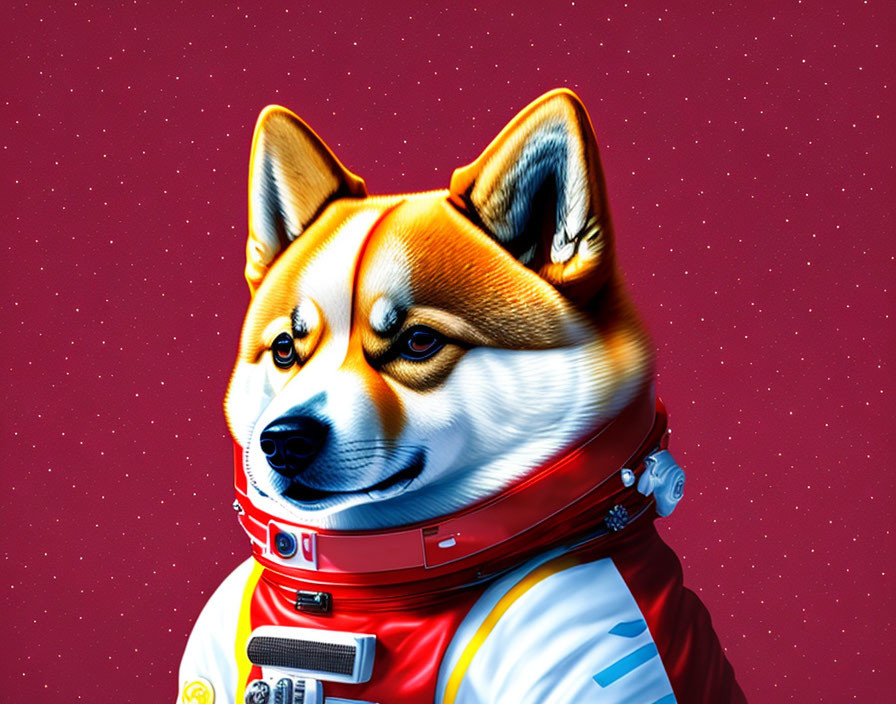 Digitally created Shiba Inu dog in astronaut suit against space backdrop