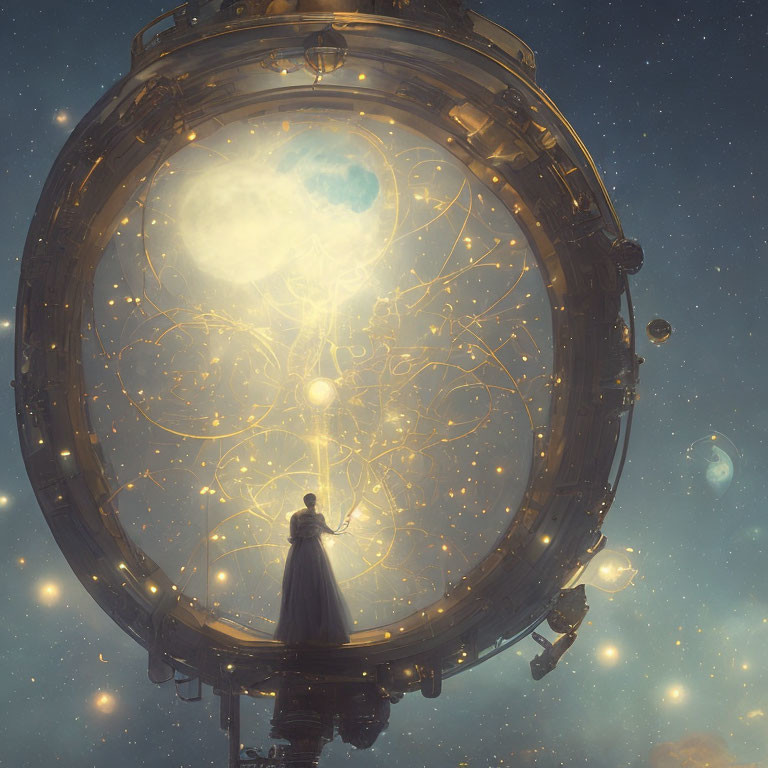 Mysterious figure in cloak at ornate circular structure under starry sky