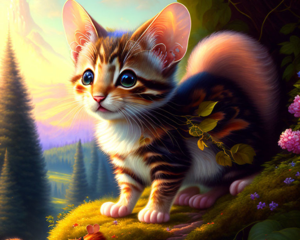 Whimsical oversized kitten in fairy-tale forest at sunrise/sunset