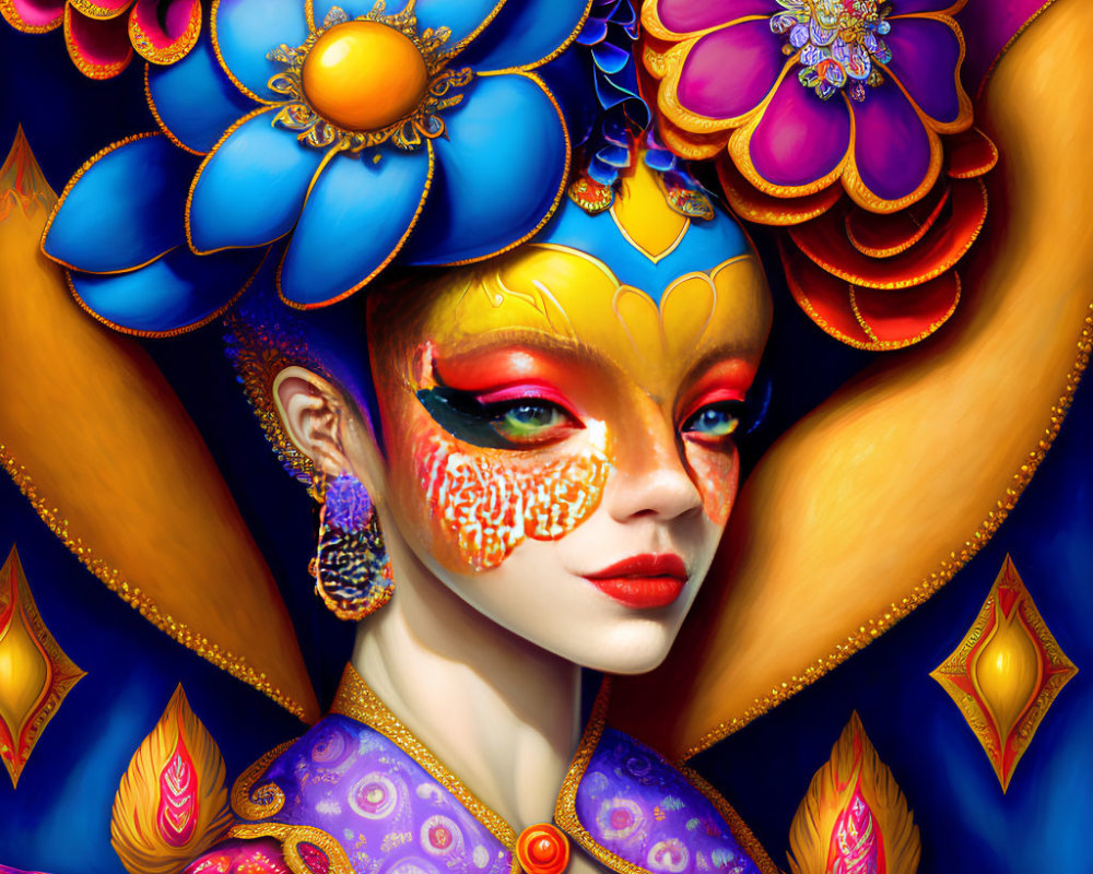 Colorful person with yellow and red face paint and floral costume on blue background